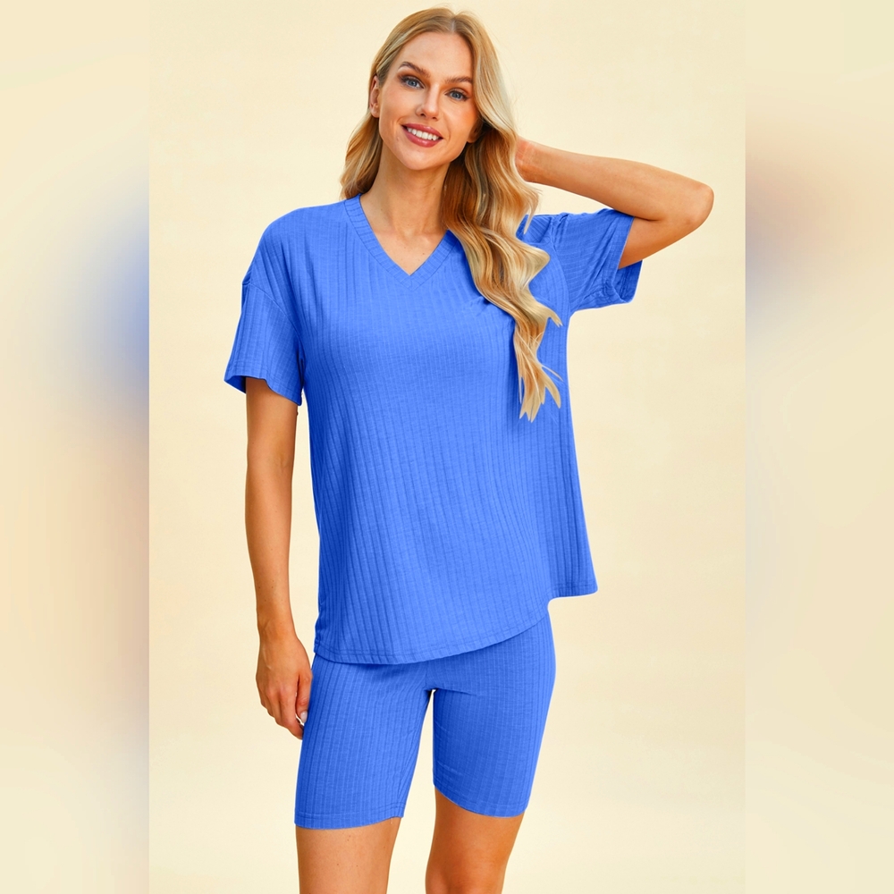 Basic Bae Full Size Ribbed V-Neck Short Sleeve Top and Shorts Set